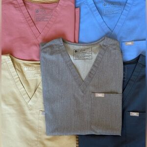 Figs V-Neck Scrub Tops in Pink, Blue, Gray, Tan, and Navy